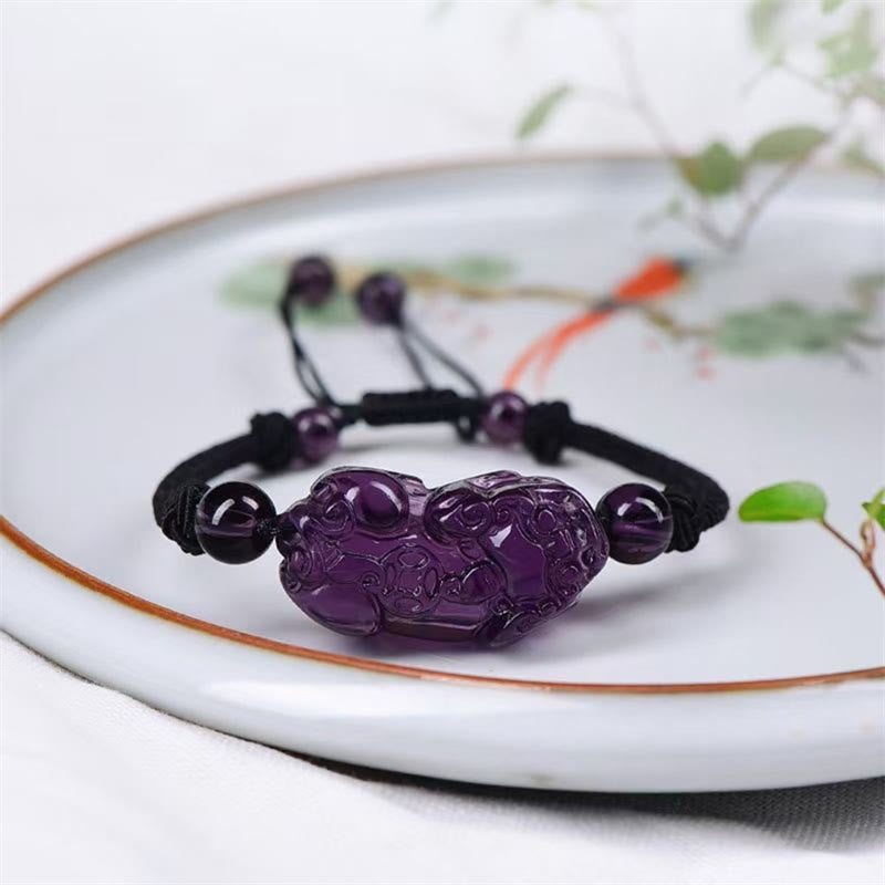 Braccialetto della ricchezza con moneta di PiXiu Cooper in ossidiana naturale, ametista, citrino e Buddha Stones