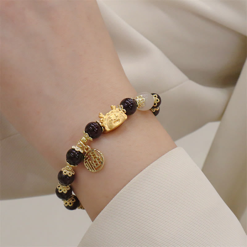 Buddha Stones Anno del Drago Agata Rossa Quarzo Fragola Ossidiana Nera Giada Granato Perla Cinabro Drago Gnocco Fortuna Fu Bracciale Personaggio - image 26