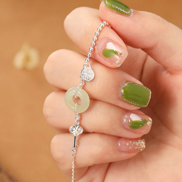 Bracciale con catena portafortuna in argento sterling 925 con fibbia della pace in giada Hetian e carattere Fu Buddha Stones