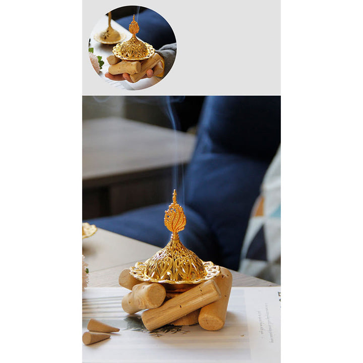 Mini bruciatore di incenso curativo in lega d'oro con sottobicchiere in legno, decorazione per la casa