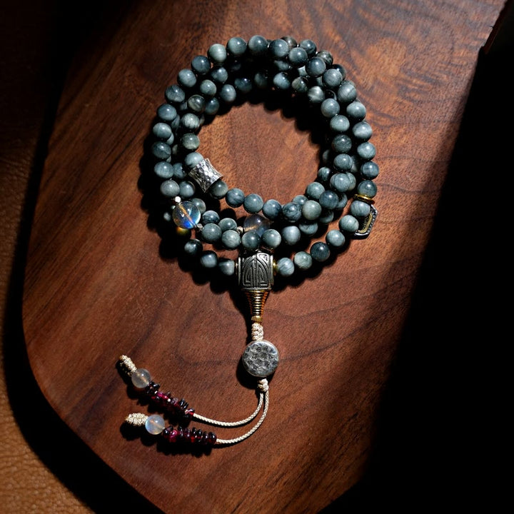 Buddha Stones Argento Sterling 925 108 Perline Mala Pietra Occhio d'Aquila Pietra di Luna Braccialetto Positivo