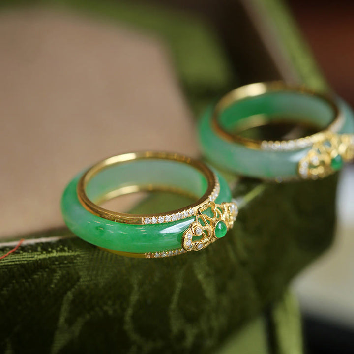 Anello Buddha Stones in calcedonio verde naturale placcato oro 18K