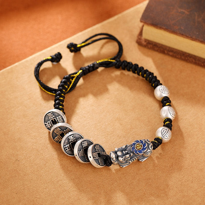 Bracciale intrecciato con moneta di rame PiXiu FengShui in argento sterling 999 con pietre Buddha Stones, carattere Fu, ricchezza