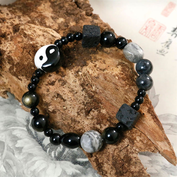 Braccialetto di protezione della fortuna Yin Yang con perline di diaspro Picasso in onice nero Buddha Stones - image 4