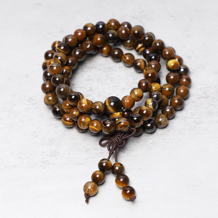 Buddha Stones Tibetano 108 Perle di Pietra Preghiera Occhio di Tigre Naturale Mala Bracciale Collana
