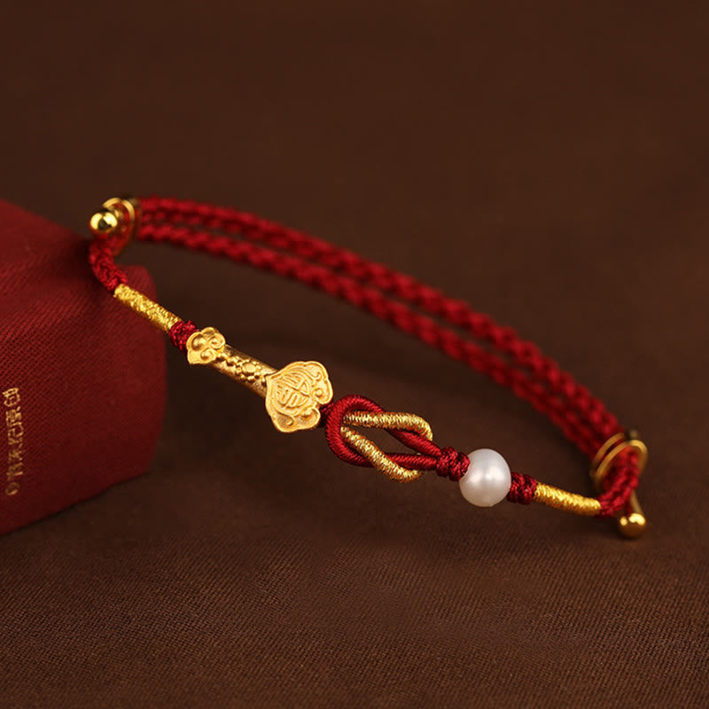 Buddha Stones 24K Oro Desiderio Ruyi Maniglia Fu Carattere Coniglio Perla Fortuna Bracciale Intrecciato - image 9