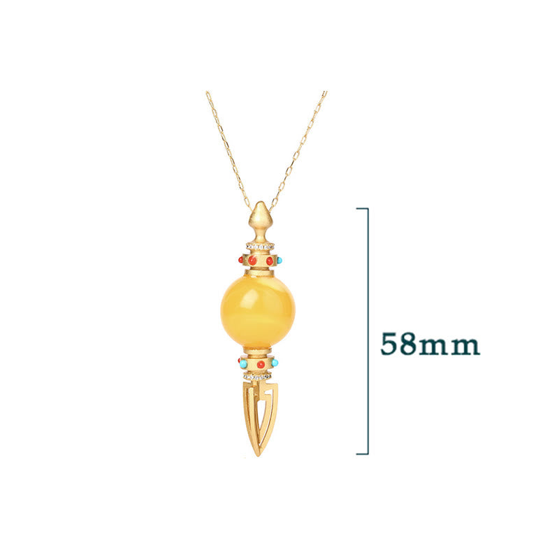 Collana con ciondolo ansia trasparente Dorje Vajra in ambra placcata oro 24K