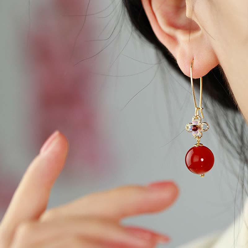 Orecchini Buddha Stones in argento sterling 925 con perline di fiori di agata rossa e fiducia
