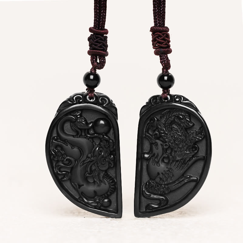 Collana con ciondolo di protezione in ossidiana nera, drago, fenice e Buddha Stones - image 1