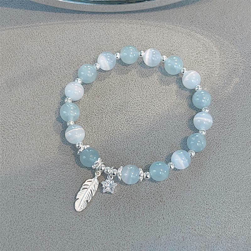 Bracciale con ciondolo a forma di stella di piuma con occhio di gatto e acquamarina in argento sterling 925 Buddha Stones - Argento sterling 925, acquamarina e occhio di gatto (circonferenza del polso 14-16 cm) - image 0