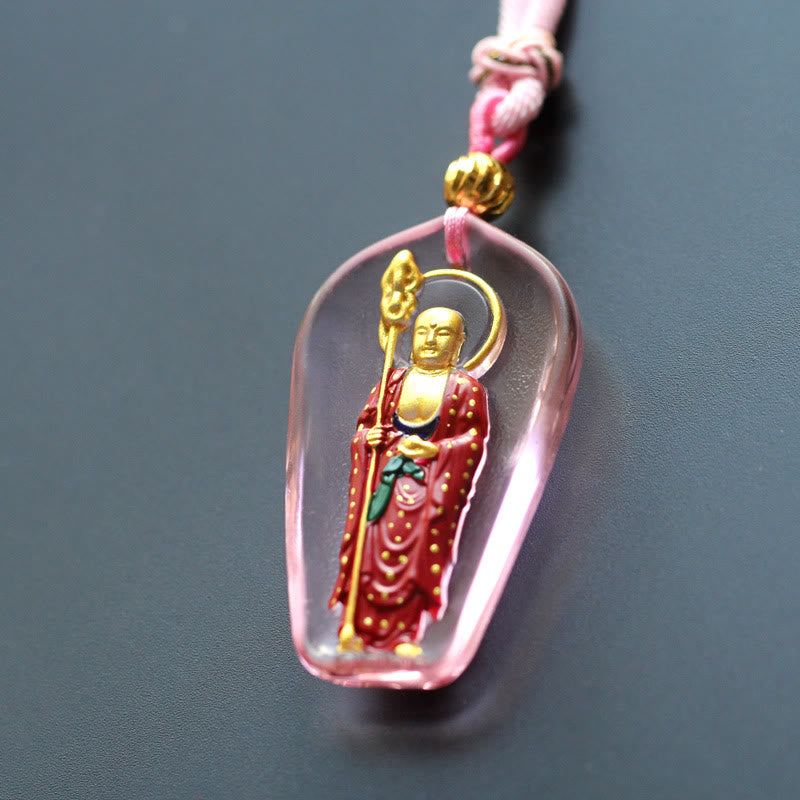 Buddha Stones Collana con ciondolo amuleto della compassione di cristallo Buddha Ksitigarbha Liuli - Ksitigarbha rosa in piedi - image 8