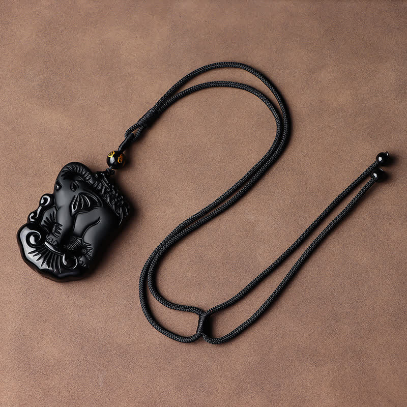 Collana con ciondolo portachiavi in corda di protezione per elefante in ossidiana nera