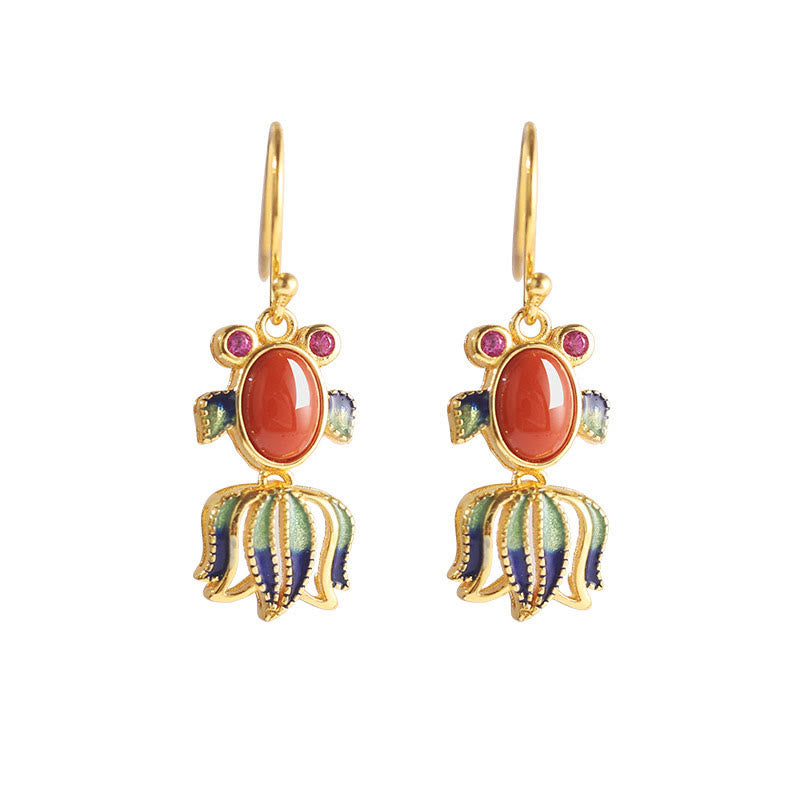 Orecchini pendenti a forma di pesce carino con agata rossa, giada bianca e argento sterling 925
