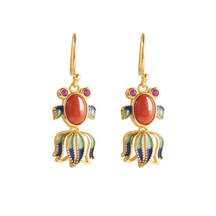 Orecchini pendenti a forma di pesce carino con agata rossa, giada bianca e argento sterling 925