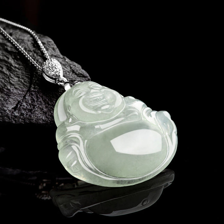 Collana con ciondolo in acciaio al titanio e catena in giada naturale Buddha Stones Buddha che ride, prosperità e abbondanza - image 2