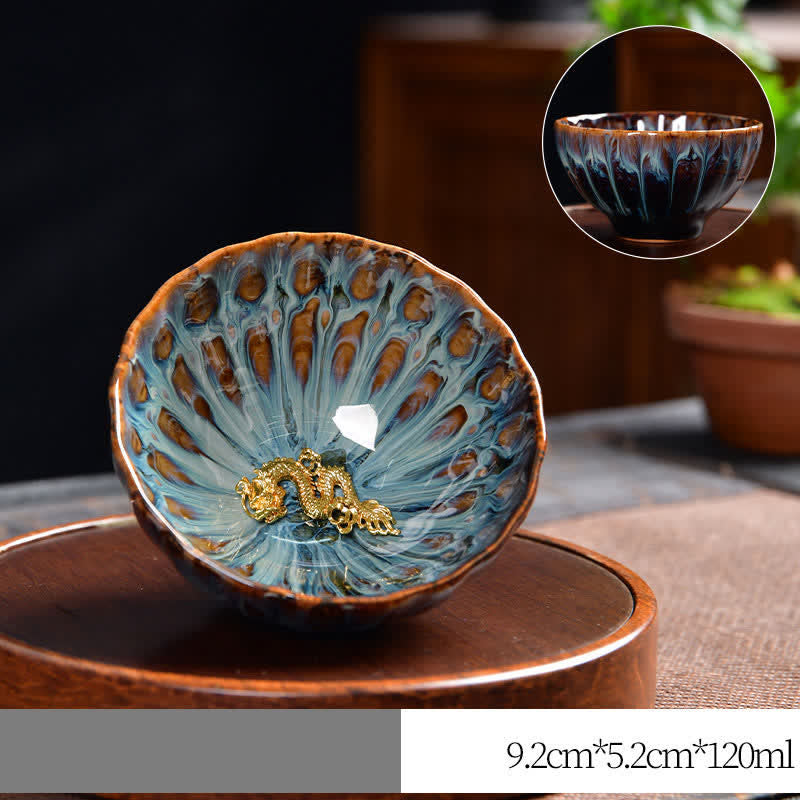 Buddha Stones Lotus Pavone Drago Fenice Koi Pesce Tazza da tè in ceramica Tazze da tè intarsiate 120ml