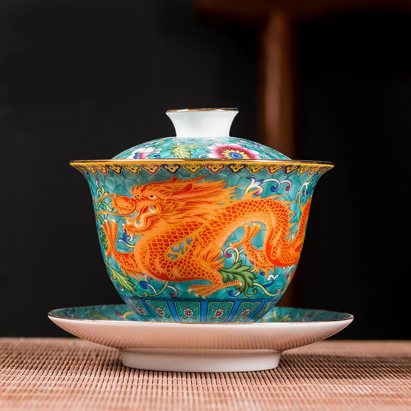 Buddha Stones Dragon Phoenix Flower Design Ceramica Gaiwan Sancai Tazza da tè Kung Fu Tazza da tè e piattino con coperchio - Verde - Drago 9,5 cm*9,3 cm*160 ml - image 3