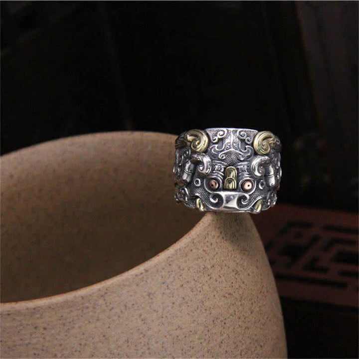 Anello regolabile con protezione del bestiame Fengshui Kui in argento sterling 925 Buddha Stones