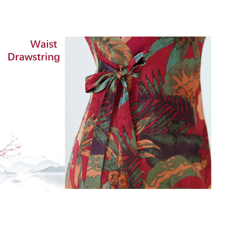 Abito Buddha Stones in seta Qipao con motivo a foglie e fiori retrò, abito cheongsam da donna - image 13