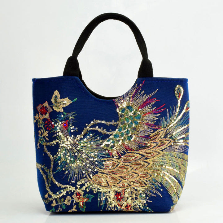 Borsa a tracolla con ricamo a doppia faccia con Buddha Stones e pavone