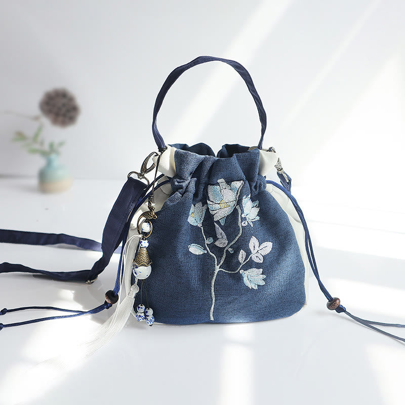 Borsa a tracolla in tela con fiori ricamati a mano con Buddha Stones - Foglie di fiori blu e bianchi 20*20 cm - image 20
