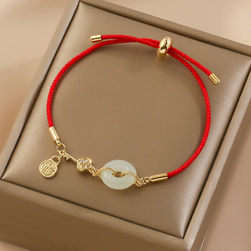 Braccialetto in corda rossa con fibbia della pace in giada Hetian placcato oro 18K con carattere Fu e Buddha Stones