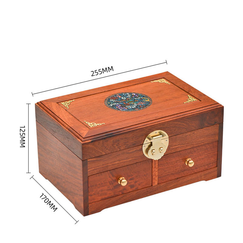 Scatola portaoggetti antica in palissandro fatta a mano con serratura, grande, a doppio strato, con fiori, in legno, regalo, organizer