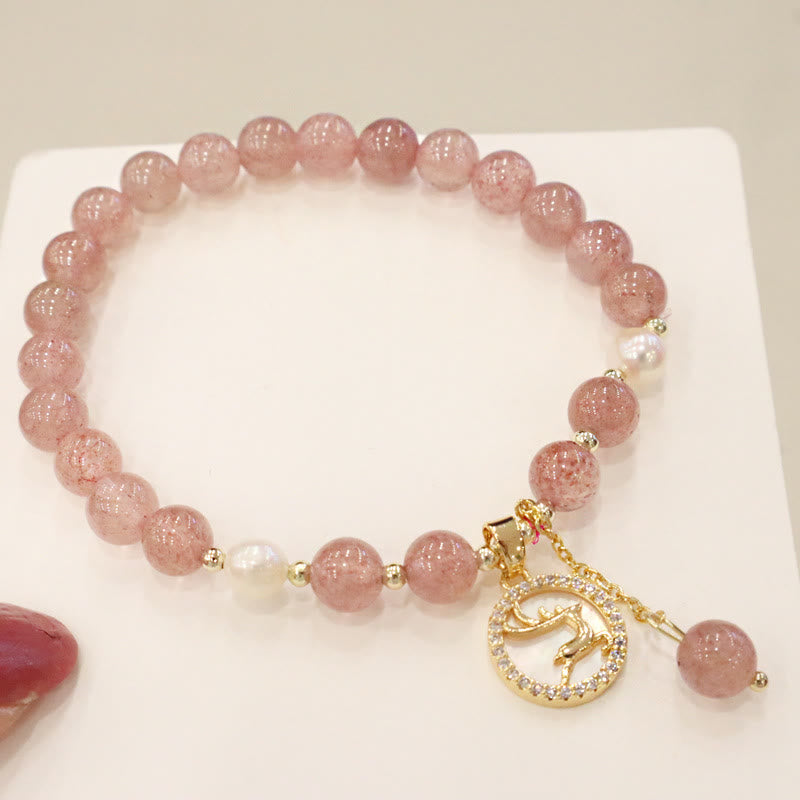 Braccialetto di guarigione con ciondolo a forma di carattere Fu, con ciondolo a forma di coda di pesce , con perle di quarzo fragola e alce sorridente
