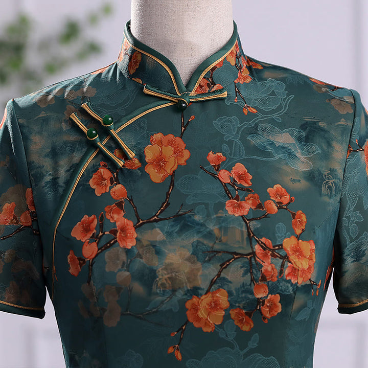 Abito da donna in cheongsam con stampa di piume di peonia e fiori di loto retrò Buddha Stones
