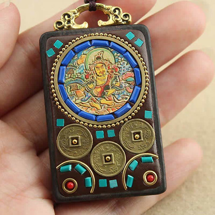 Buddha Stones Tibet Dio della Ricchezza Thangka Ebano Collana Pendente della Pace