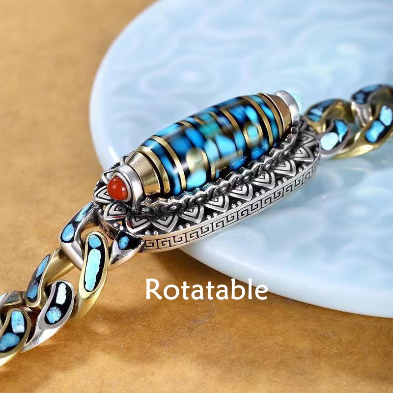 Buddha Stones Tibetano Nove Occhi Dzi Bead Om Mani Padme Hum Turchese Protezione Bracciale Rotante - image 2