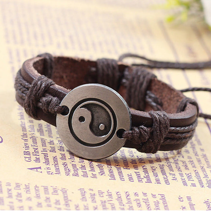 Braccialetto in corda armonia in pelle Yin Yang retrò Buddha Stones