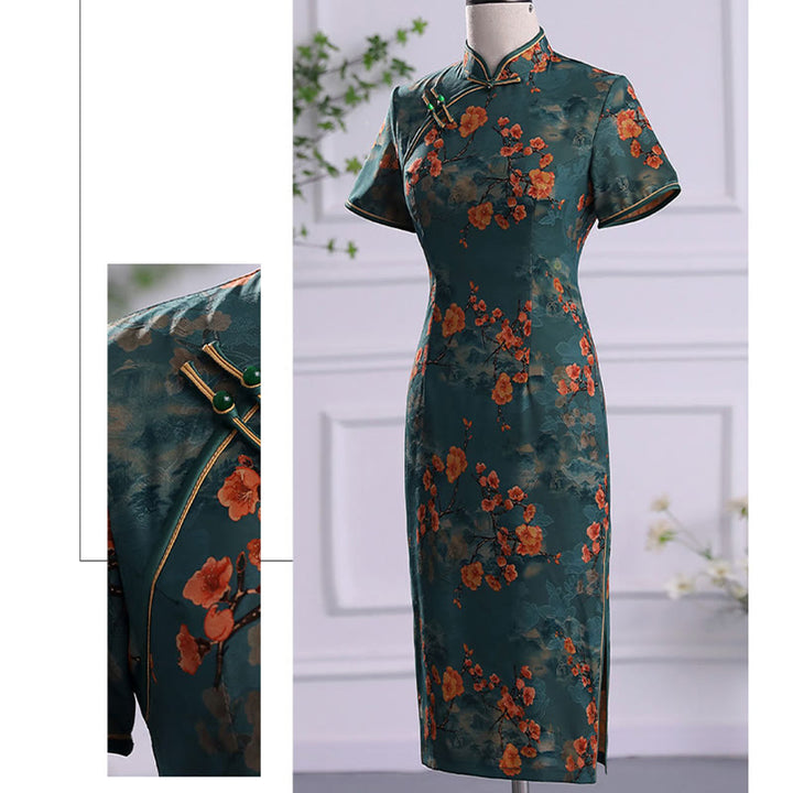 Abito da donna in cheongsam con stampa di piume di peonia e fiori di loto retrò Buddha Stones