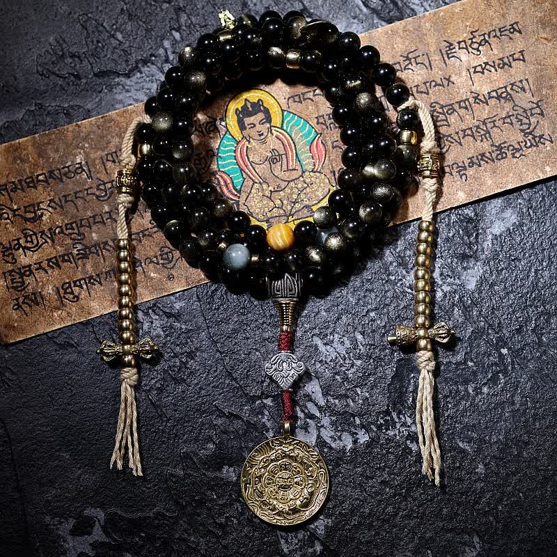 Buddha Stones 108 Mala Beads Oro Lucente Ossidiana Occhio di Tigre Pietra Occhio d'Aquila Bracciale della Ricchezza