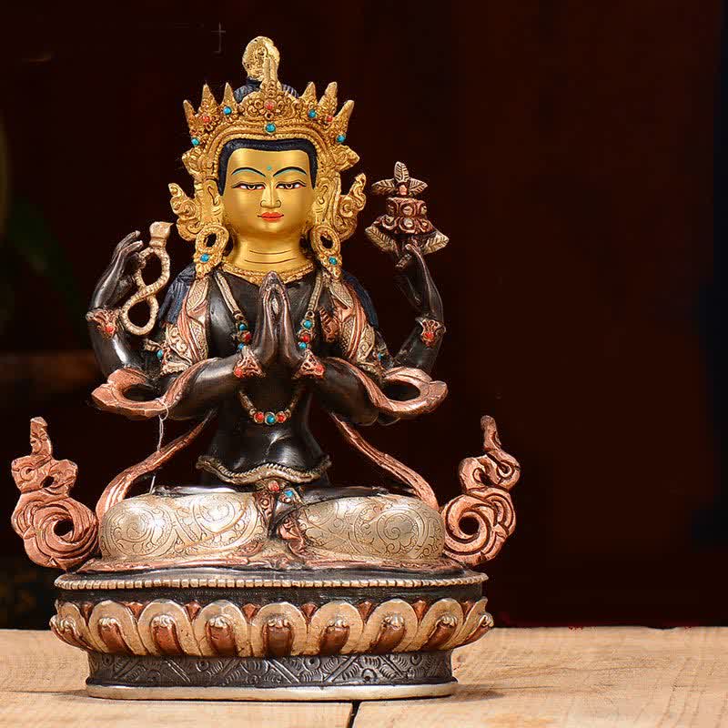 Statua di rame di protezione di Avalokitesvara a quattro braccia del Bodhisattva Chenrezig Decorazione