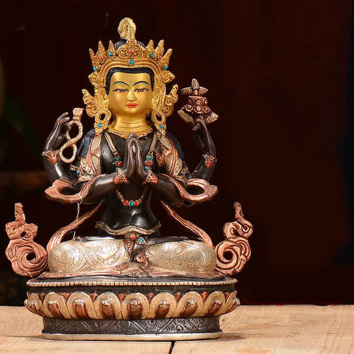 Statua di rame di protezione di Avalokitesvara a quattro braccia del Bodhisattva Chenrezig Decorazione