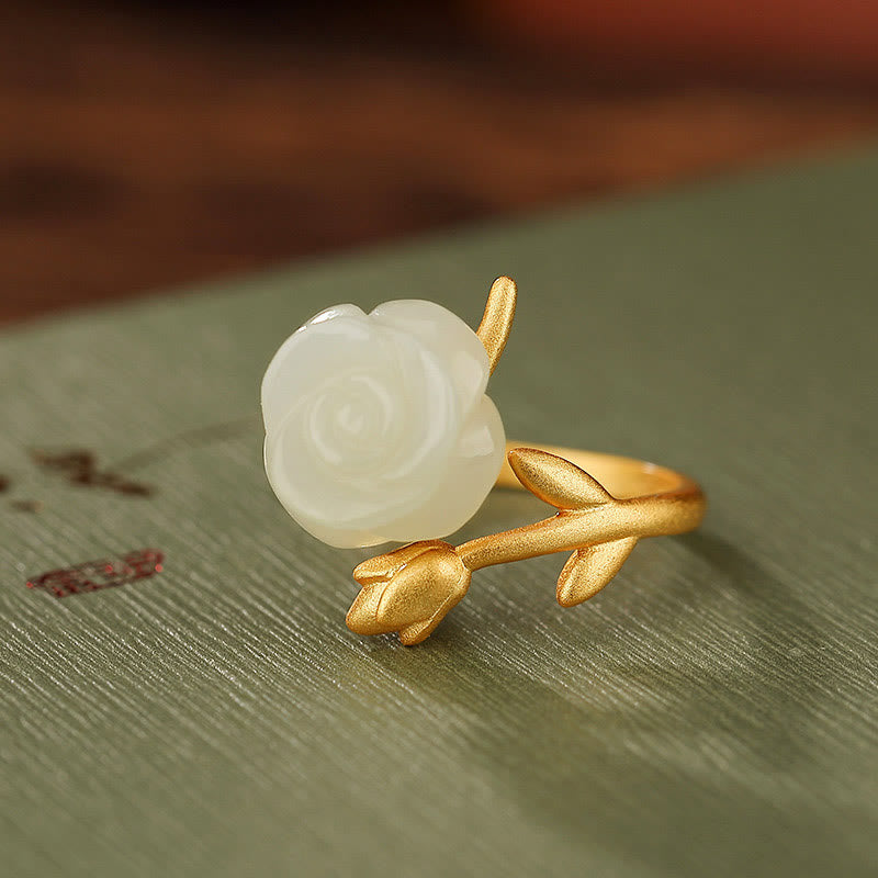 Anello della felicità in giada bianca Hetian con fiore rosa in argento sterling 925 placcato oro Buddha Stones