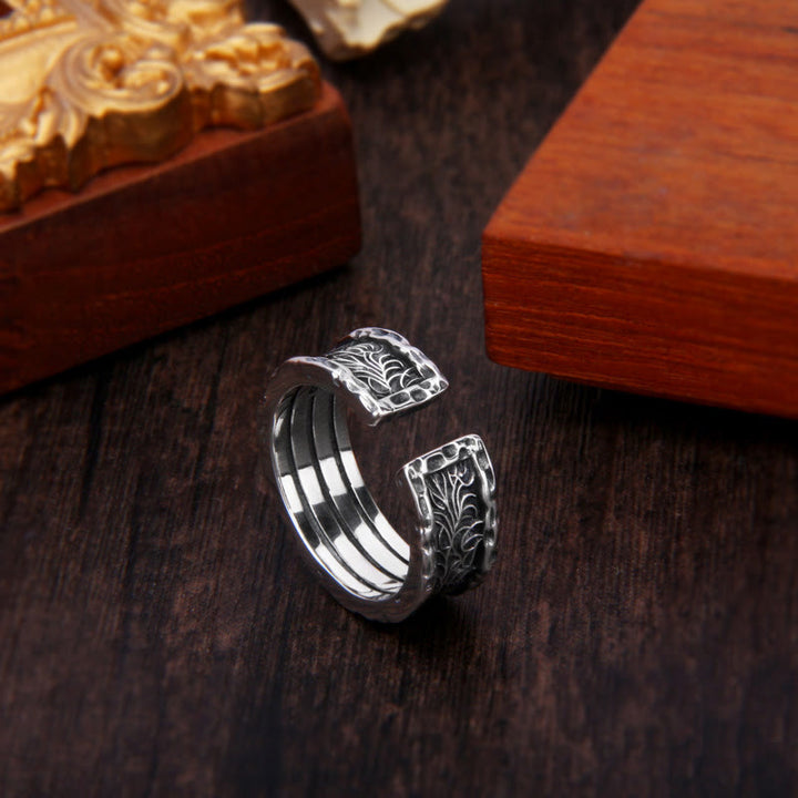 Anello regolabile con design a forma di fiore della dinastia Tang in argento sterling 925 Buddha Stones