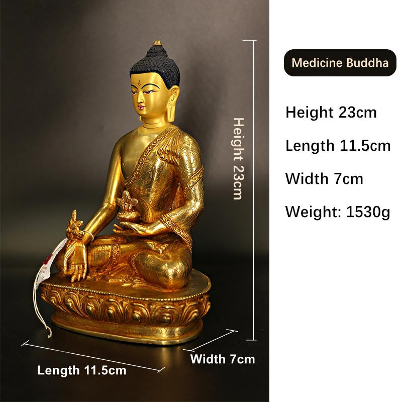 Statua di Buddha Shakyamuni Buddha della medicina Compassione in rame placcato oro Decorazione