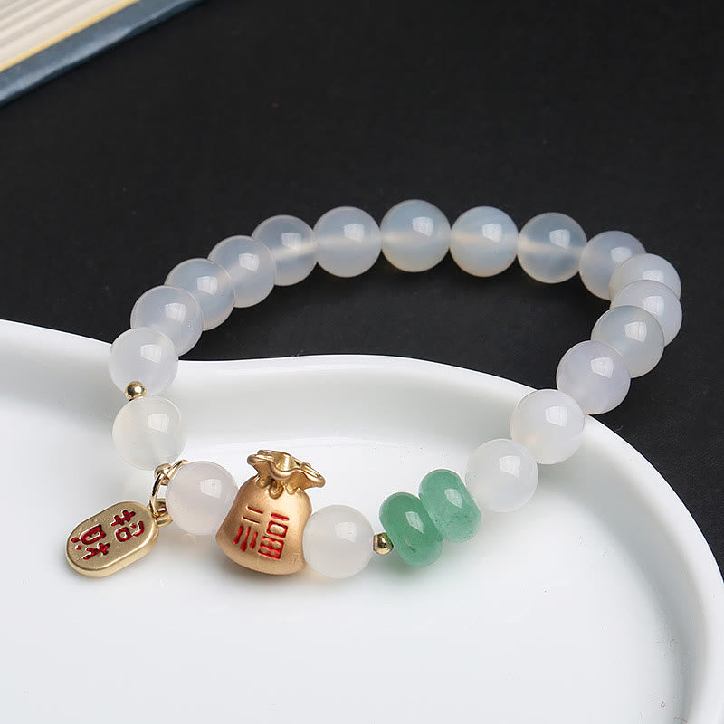 Buddha Stones Agata bianca naturale Agata rossa Sacchetto di soldi Fu Carattere Braccialetto di protezione a quattro foglie di trifoglio