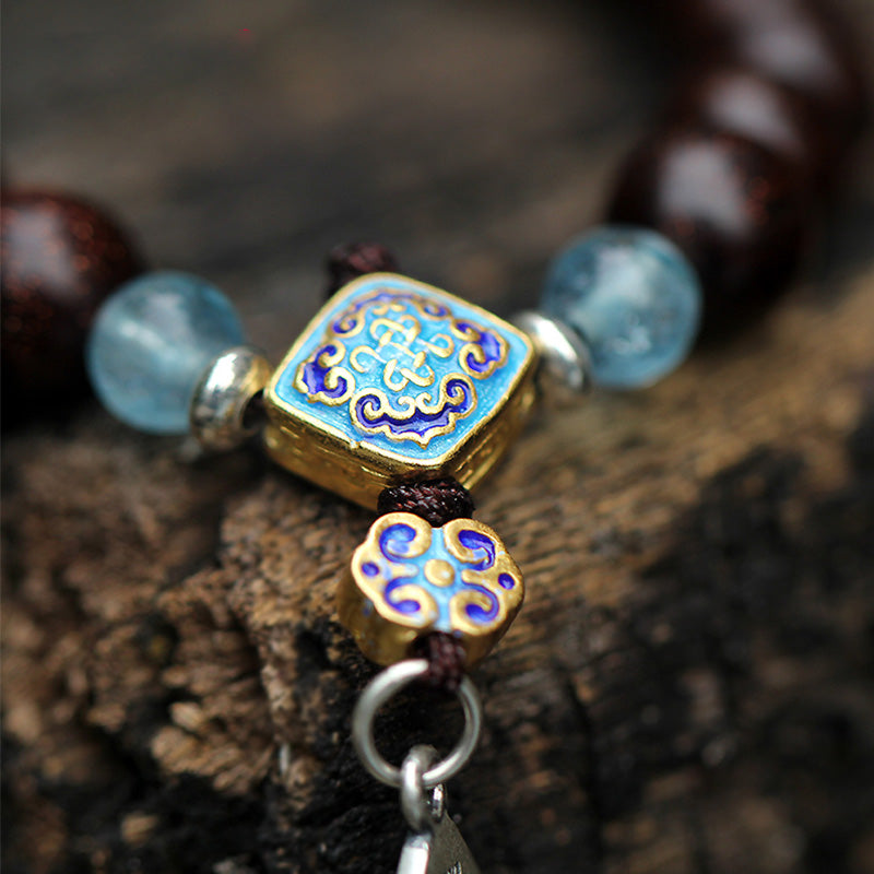 Bracciale Buddha Stones 925 Sterling Silver Indiano Piccola Foglia Sandalo Rosso Acquamarina Pieno di Stella d'Oro Cinese Nodo Benedizione Bracciale