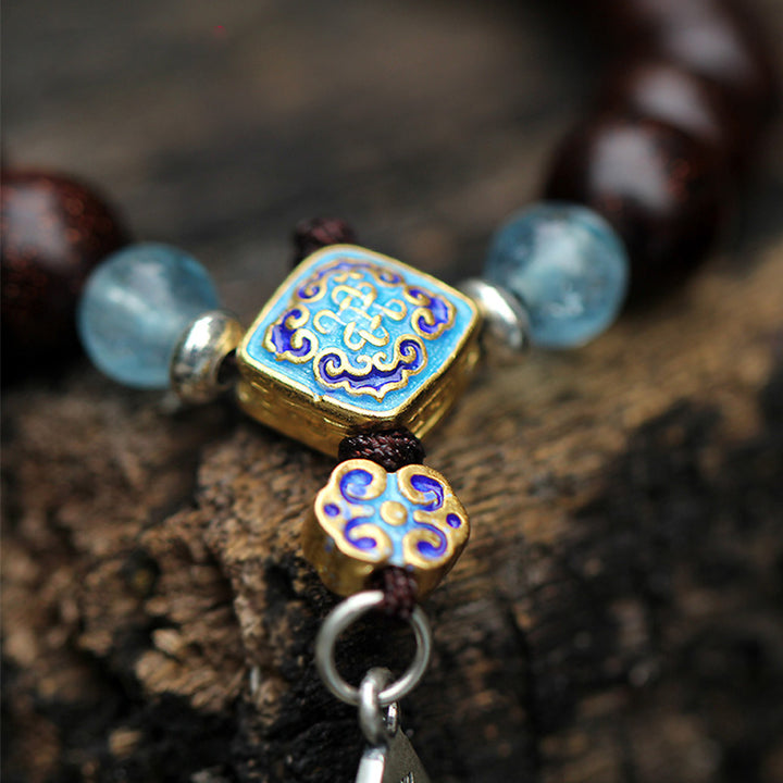 Bracciale Buddha Stones 925 Sterling Silver Indiano Piccola Foglia Sandalo Rosso Acquamarina Pieno di Stella d'Oro Cinese Nodo Benedizione Bracciale