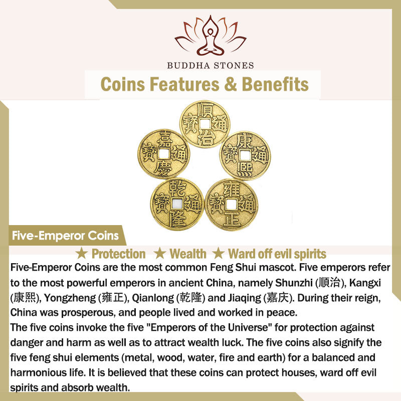 Buddha Stones Monete Feng Shui Zucca Nodo cinese Monete fortunate Cinque imperatori Denaro Ricchezza Nappe Decorazione