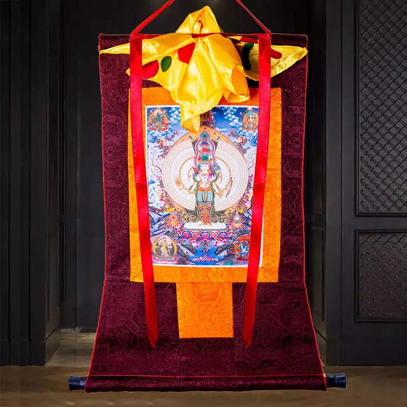 Buddha Stones Tibetano Avalokitesvara dalle mille mani con cornice Thangka Benedizione Decorazione