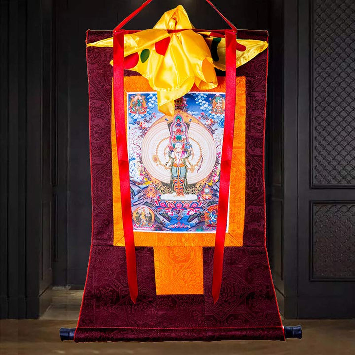 Buddha Stones Tibetano Avalokitesvara dalle mille mani con cornice Thangka Benedizione Decorazione
