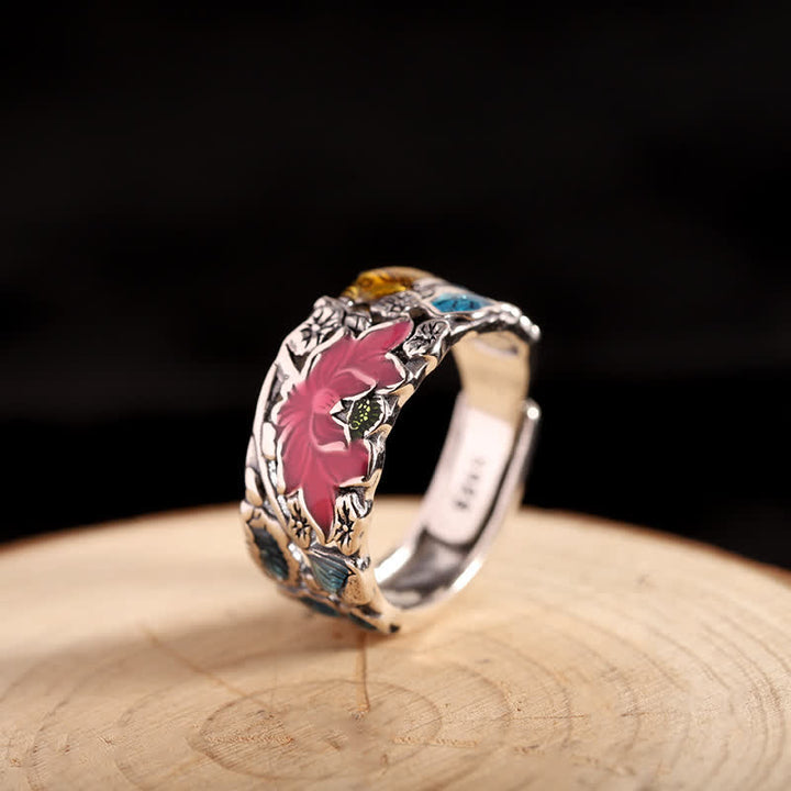 Anello Buddha Stones 925 Sterling Silver Lotus Koi Fish Enlightenment