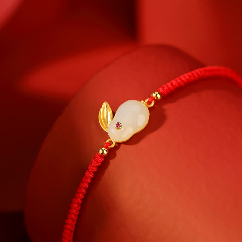 Braccialetto di protezione con corda rossa e giada bianca Hetian dell'anno del coniglio in argento sterling 925 Buddha Stones