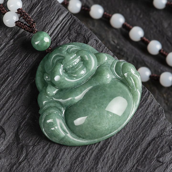 Collana con ciondolo di perline di corda di giada ciano Buddha che ride - image 6