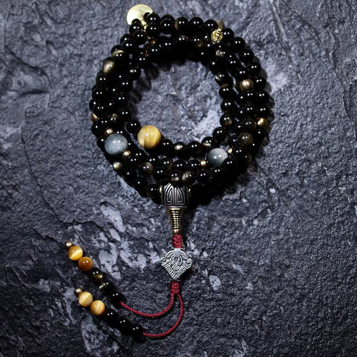 Buddha Stones 108 Mala Beads Oro Lucente Ossidiana Occhio di Tigre Pietra Occhio d'Aquila Bracciale della Ricchezza