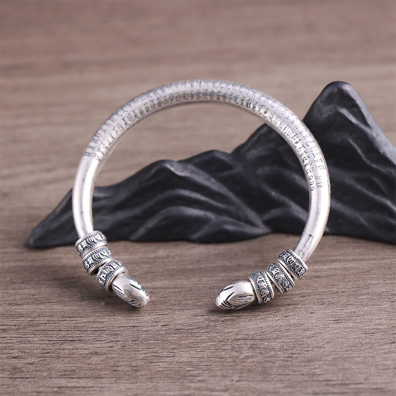 Buddha Stones 999 Sterling Silver Heart Sutra Om Mani Padme Hum Inciso Peace Purezza Bracciale Bangle - image 5